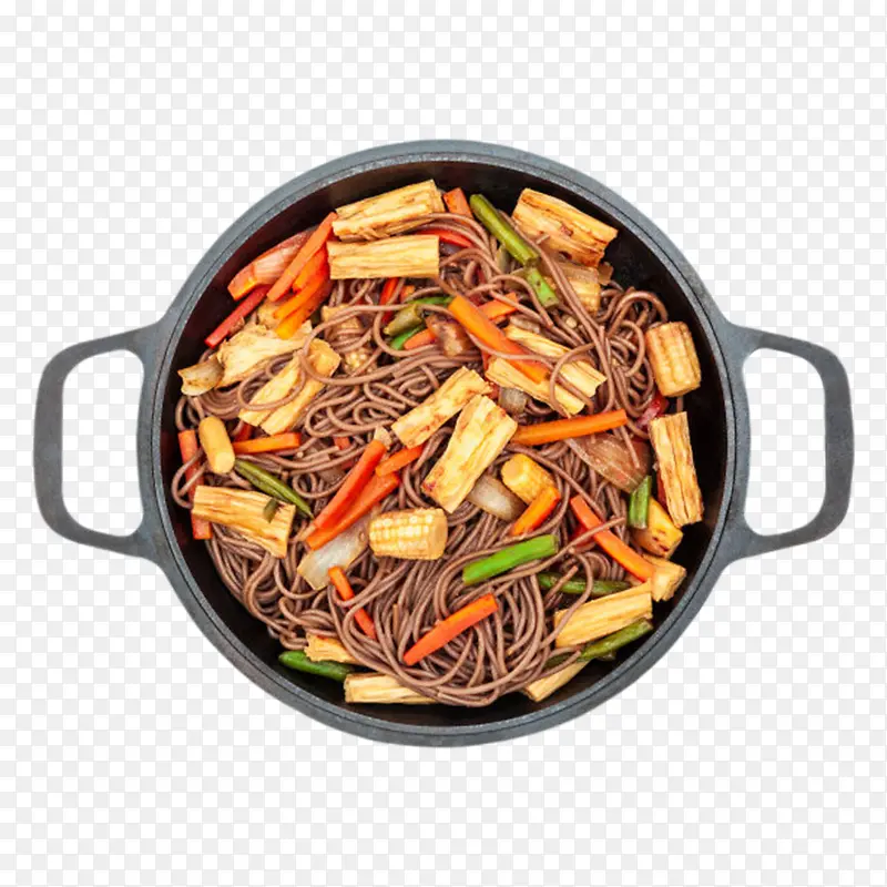 黑色带把手的砂锅里的胡萝卜肉片