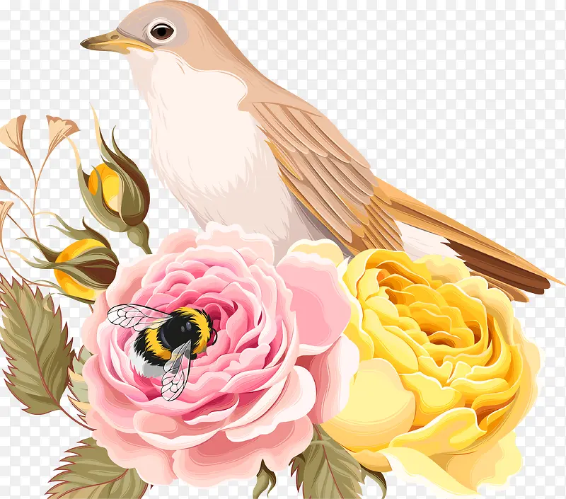 黄色清新花朵小鸟