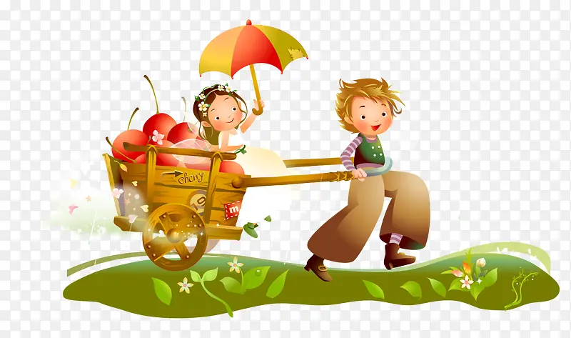 卡通手绘男孩女孩拉木板车雨伞
