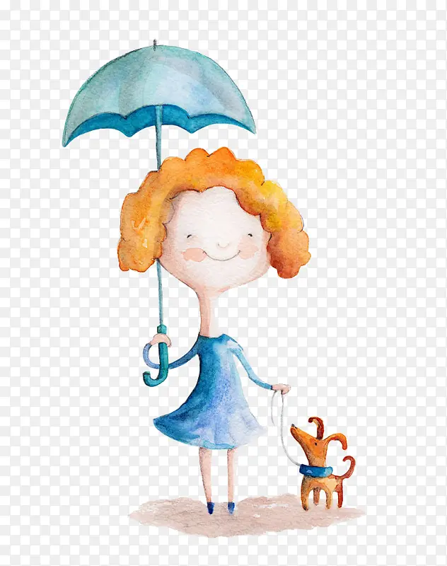 手绘水彩卡通插图撑雨伞走在路上