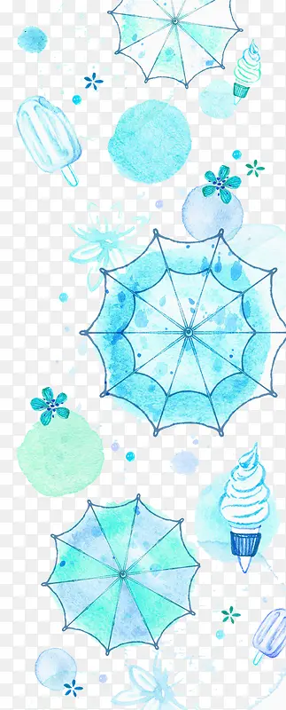 夏天蓝色水彩装饰插图雨伞雪糕