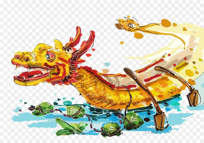手绘水彩端午节插画龙舟与粽子