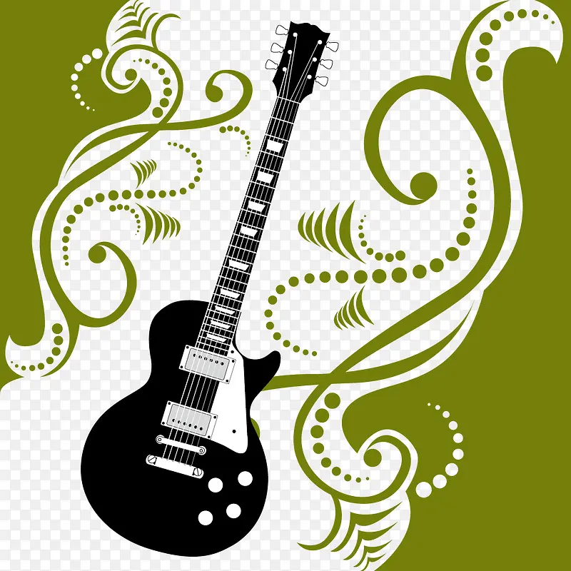 绿色花纹黑白剪影吉他矢量