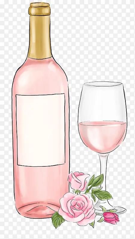 红酒和花朵手绘图