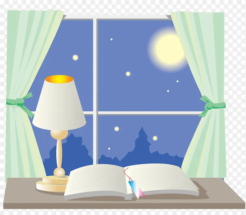 夜晚的月亮台灯和书本