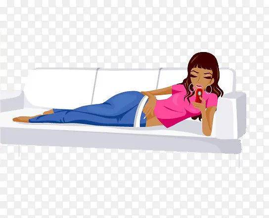 卡通躺在沙发上看手机的美女