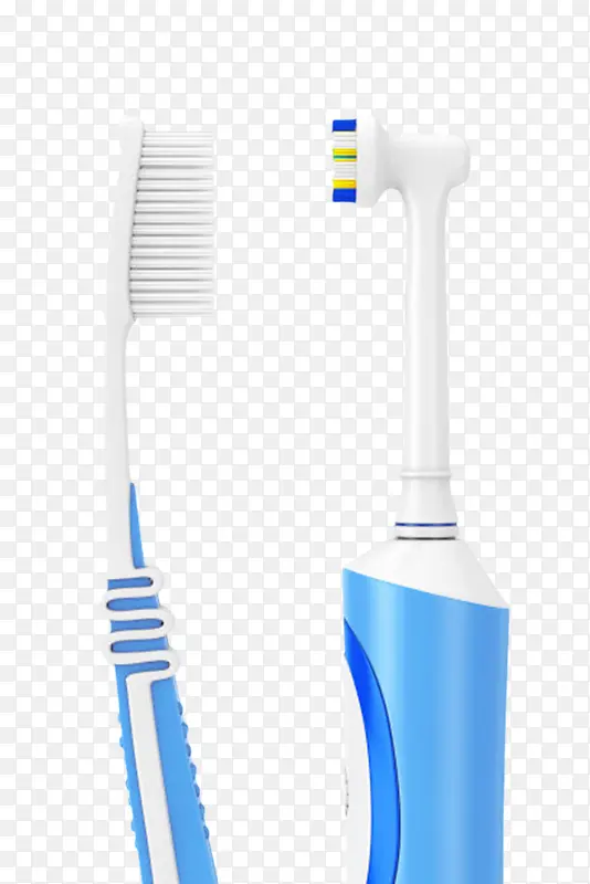 蓝白色电动牙刷和手动牙刷实物