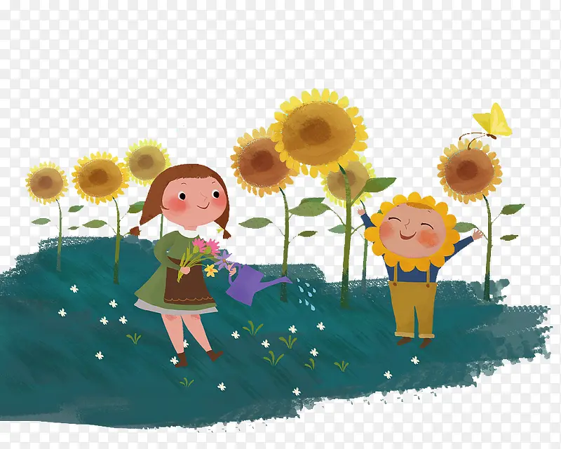 草地上浇花的小朋友