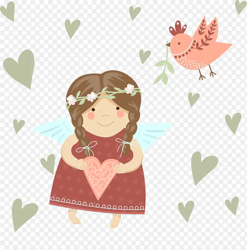 可爱天使女孩和小鸟矢量素材下载
