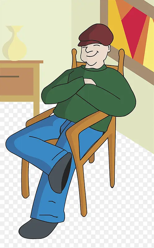卡通人物双手抱胸坐在椅上的男人