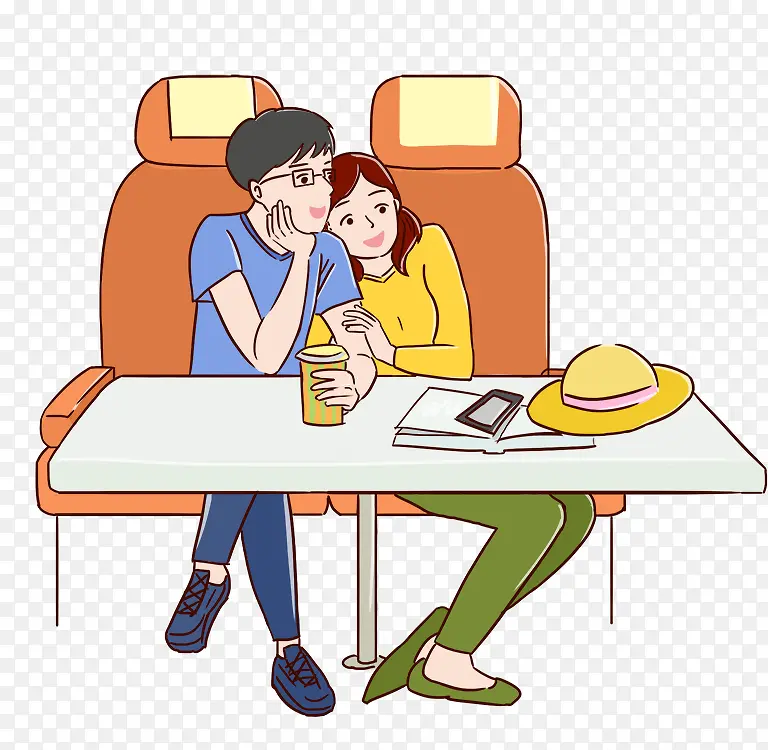 手绘坐火车的情侣人物插画