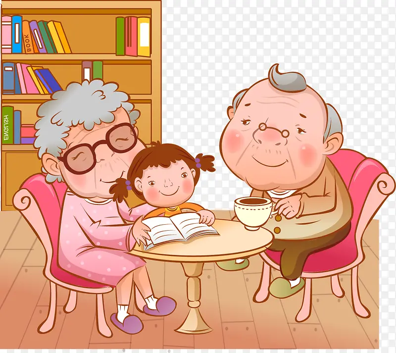 老人与孩子一起坐在桌前看书