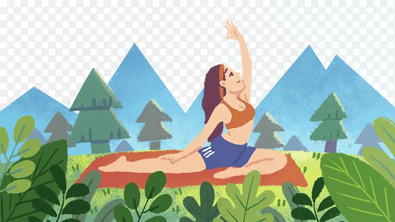 免抠卡通手绘草地上练瑜伽的女人