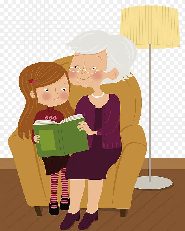 奶奶与小姑娘坐在沙发一起看书