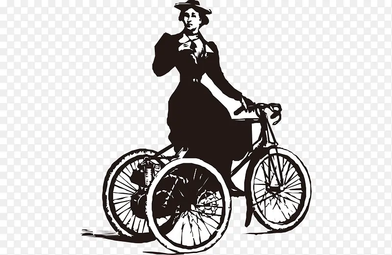 卡通手绘黑白欧洲贵妇骑自行车