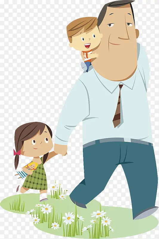 卡通人物插图爸爸与孩子走在路上