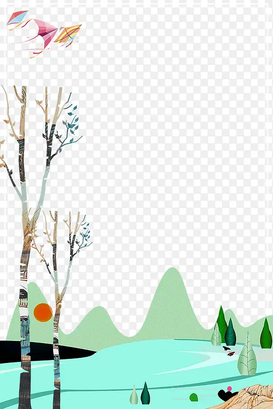春季创意树木山峰与风筝装饰边框