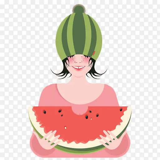 卡通戴西瓜帽的美女吃西瓜