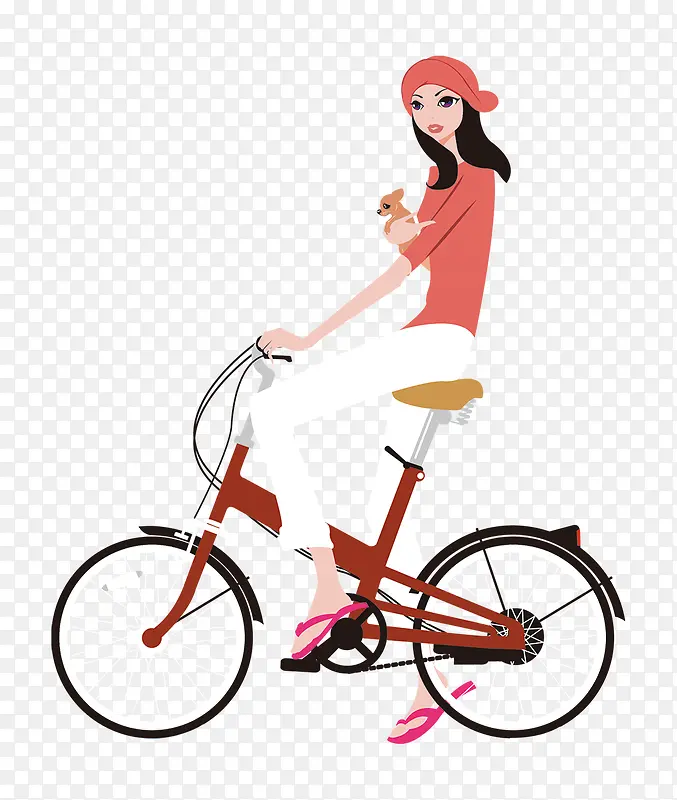 女孩骑单车春游手绘扁平插画