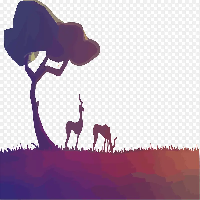 紫色绚丽大树草地与小鹿
