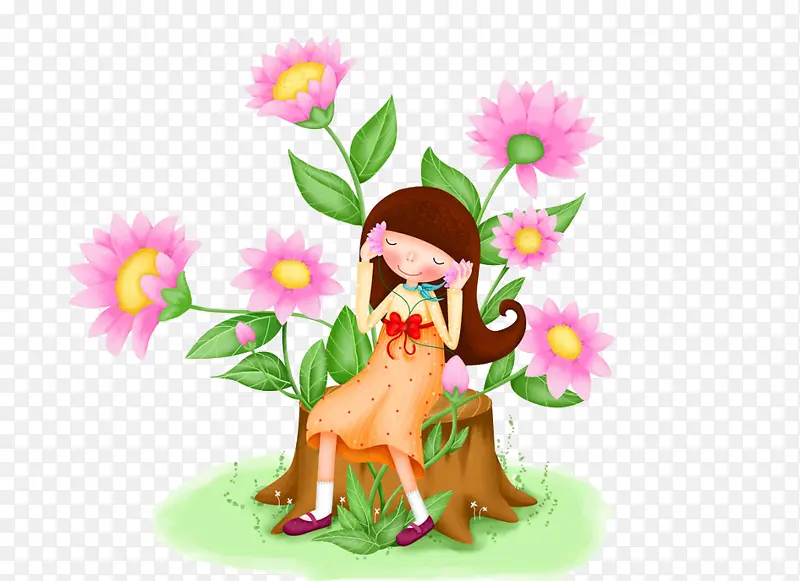 卡通手绘小女孩和粉色花朵植物