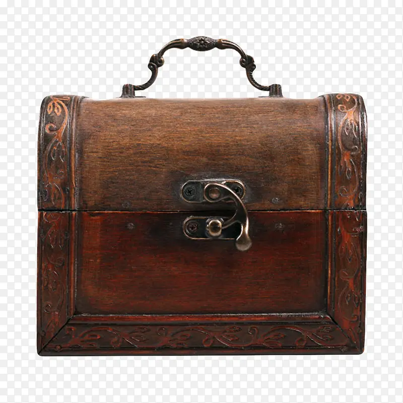 棕色带提手和锁的复古木盒实物