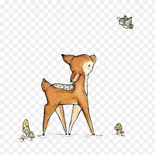 手绘水彩绘画梅花鹿小鸟蘑菇