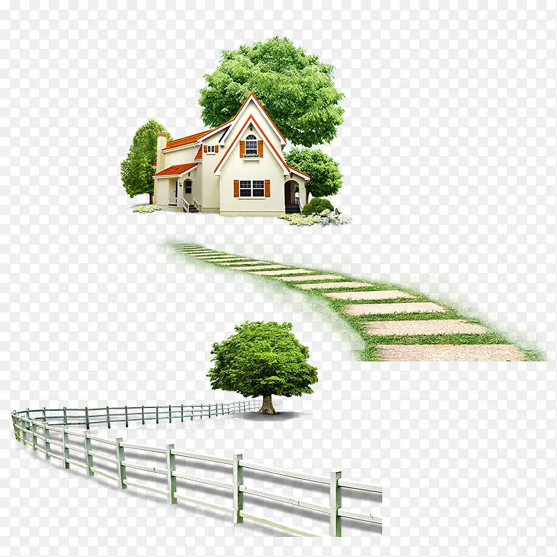 乡间小道绿色树木欧式房屋