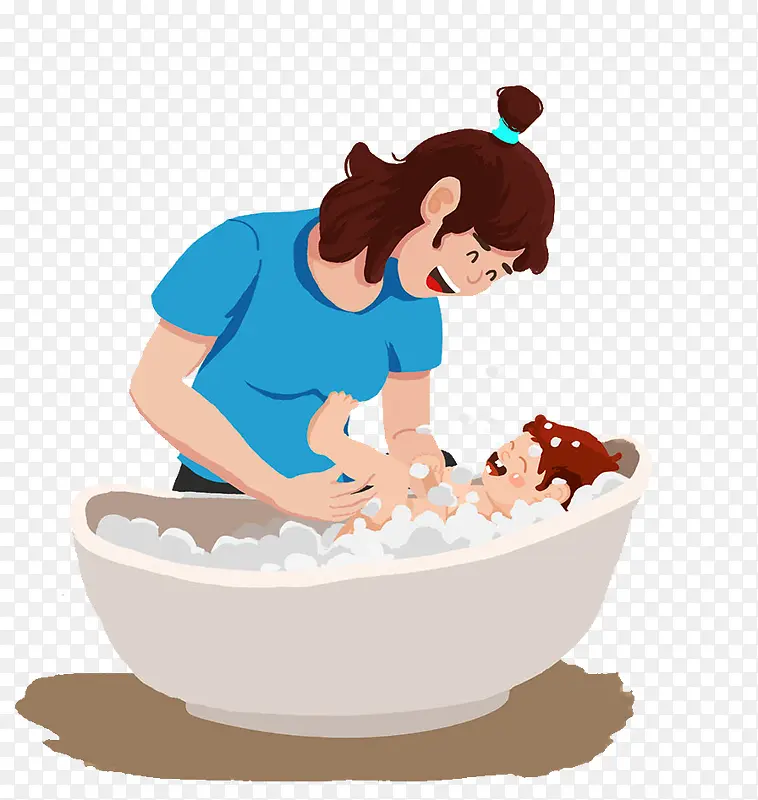 手绘可爱人物插图妈妈给孩子洗澡
