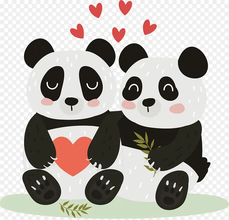 矢量手绘黑白爱心熊猫