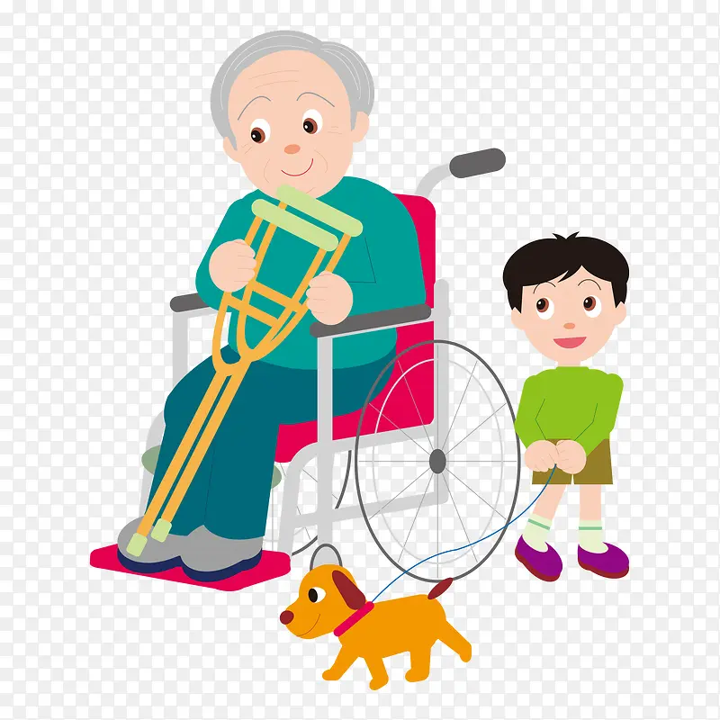 卡通风格坐着轮椅的老爷爷