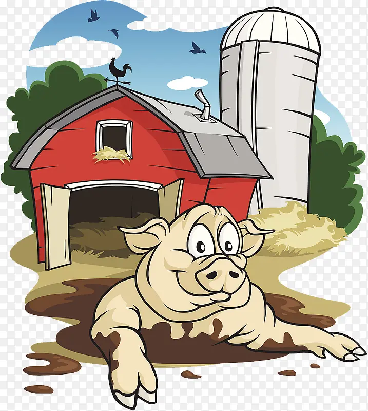 卡通插图污泥中趴着的小猪