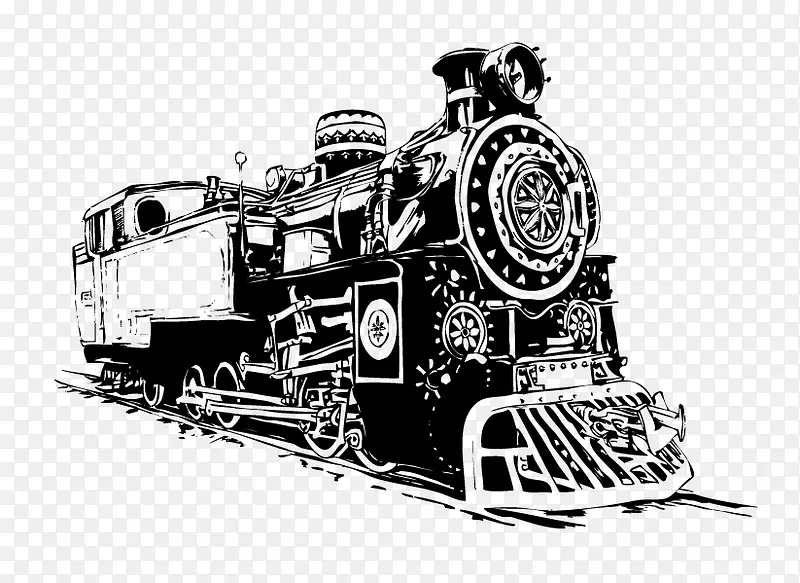 黑白手绘插图老式蒸汽火车