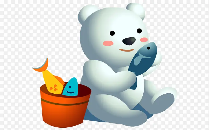 可爱矢量白色卡通吃鱼小熊鱼桶