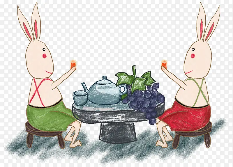 卡通手绘对饮的兔子