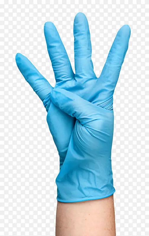 戴着蓝色手套做着四的手势