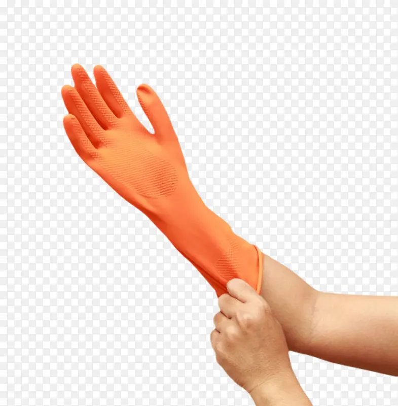 用手去传带橙色塑胶手套
