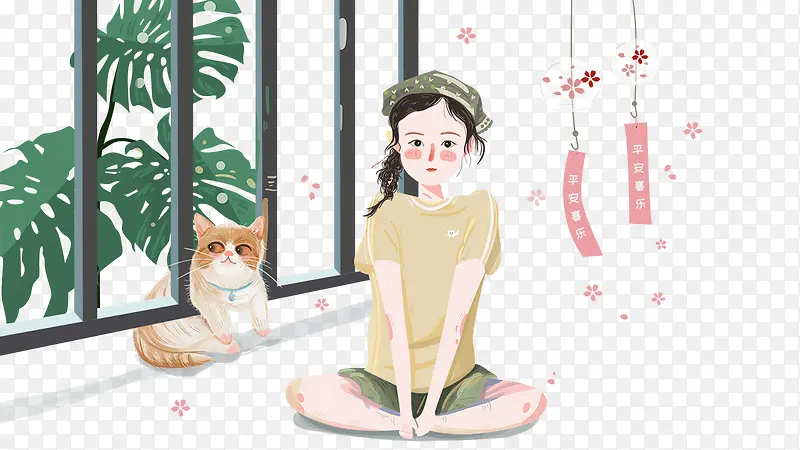 免抠卡通手绘坐在窗边的女孩