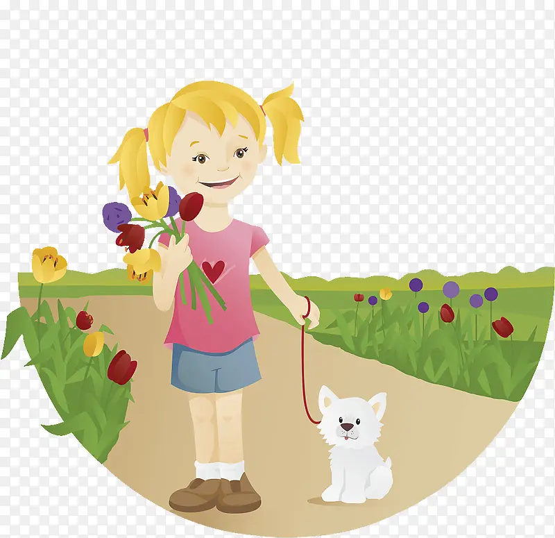 卡通插图小姑娘拿着花牵着小狗
