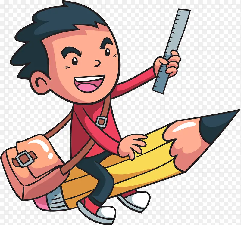 开学季骑着铅笔的小男孩