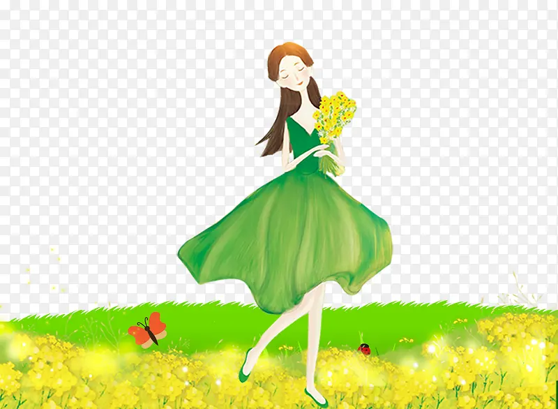 春季踏青采花的小姑娘手绘
