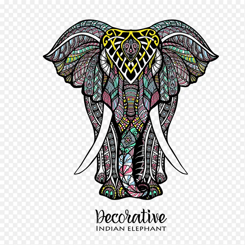 手绘彩色的大象动物设计