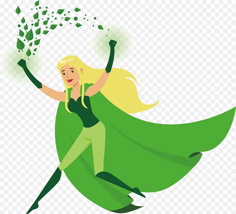 环保卡通手绘绿色美女超人设计素