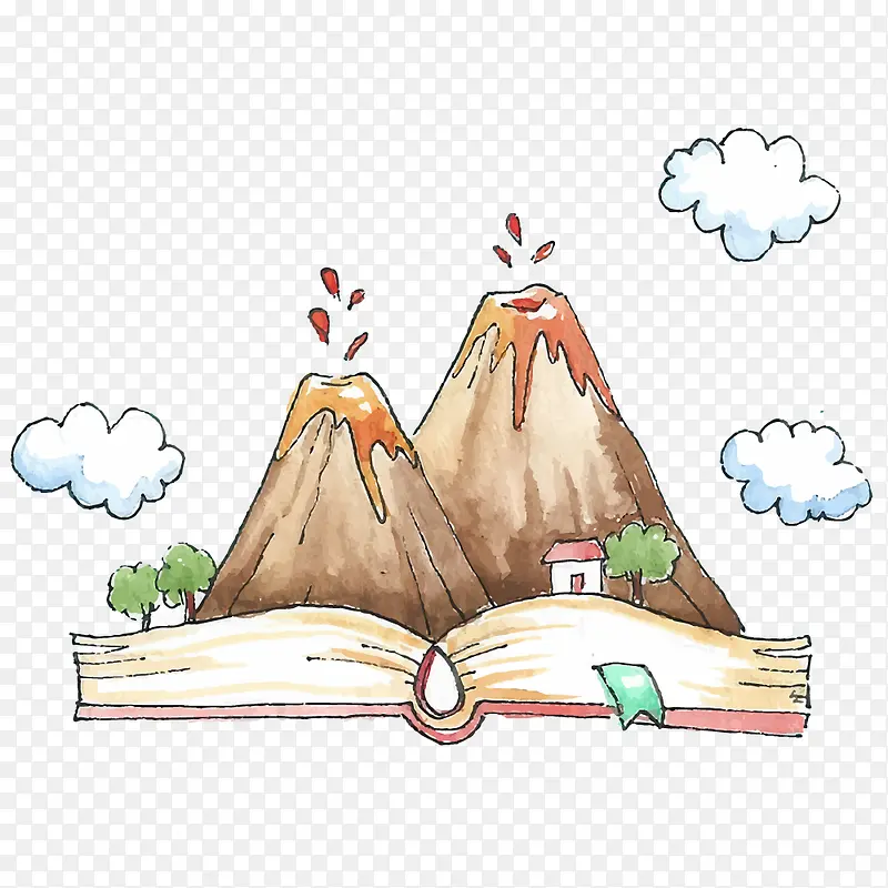 手绘世界阅读日书籍火山矢量素材