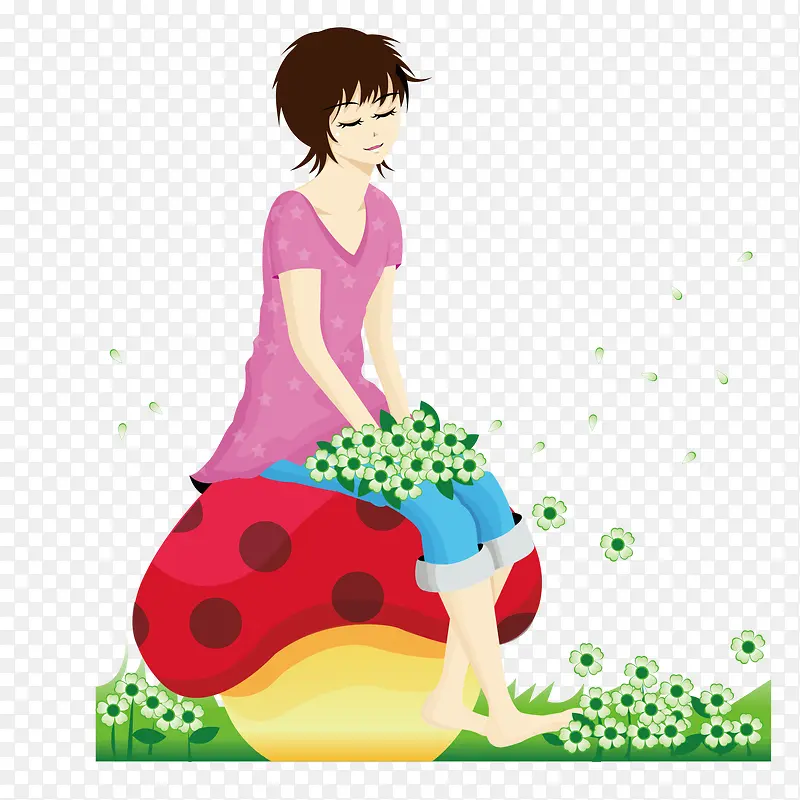 采摘野花坐在蘑菇上休息的女人