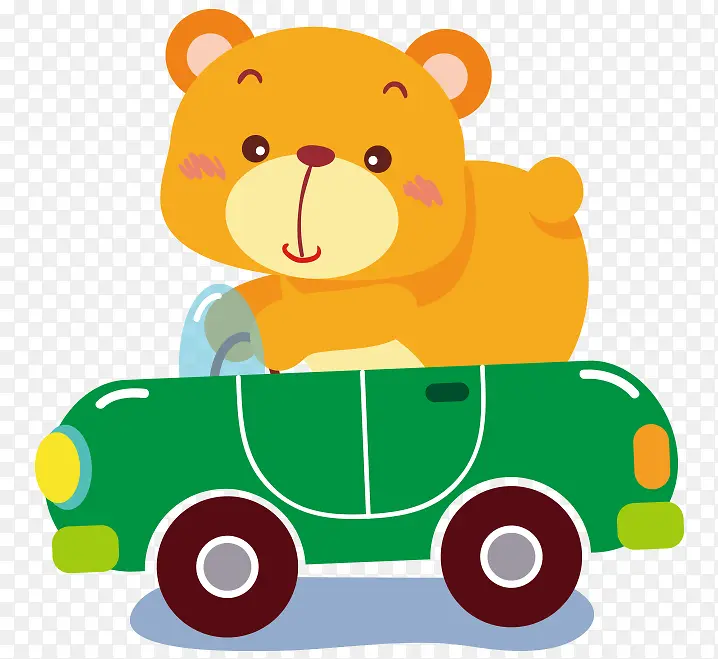 卡通手绘可爱小熊开绿色汽车