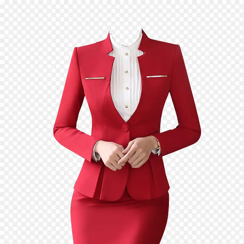 红色低领职业女西装短裙套装