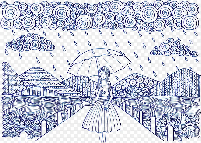 复古风手绘雨中打伞的女孩