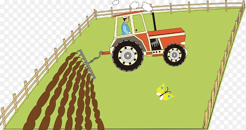卡通正在耕地的拖拉机