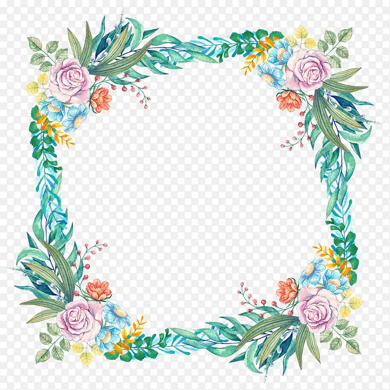 手绘彩色植物花卉方形花框